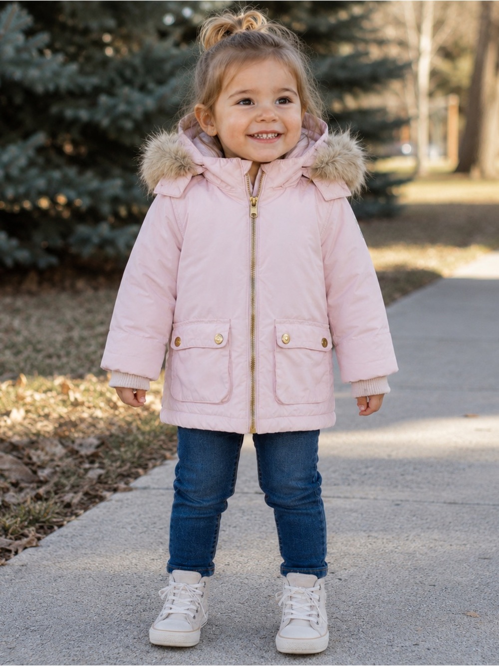 H&M Girls Pink Winter Coat Faux Fur Hood Jacket Size 2T 2-3 Years
